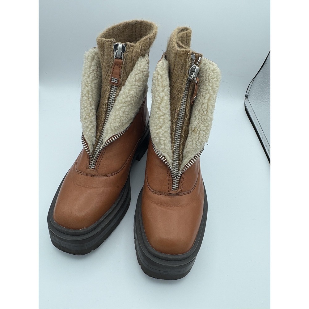 Sam Edelman Boots Womens Size 6.5 Brown Leather Shearling Ankle Zip Lug Sole